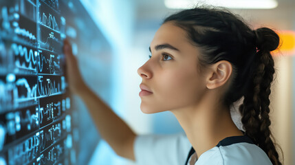 focused woman analyzing futuristic data on digital screen in high tech lab