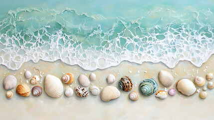 Obraz premium serene beach scene featuring pastel shells along gentle wave. soft colors evoke tranquil atmosphere, perfect for relaxation
