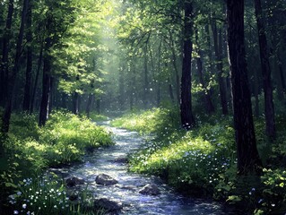 Fototapeta premium A celestial river of liquid crystal winding through a glowing forest. Bioluminescent plants line the riverbanks, and radiant bridges of light span the shimmering waters, connecting various glowing 