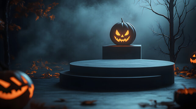 Halloween Night with a Full Moon and Jack-o'-Lanterns