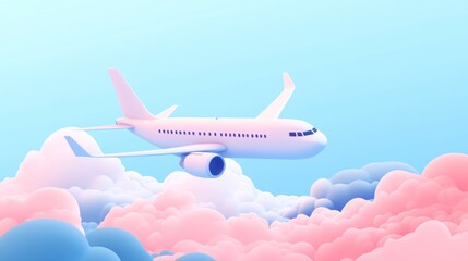 Airplane flying pastel cloudscape; travel brochure