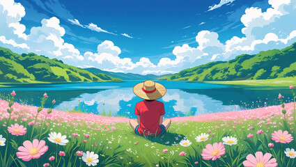 A serene moment captured in digital anime art, featuring a person sitting by a tranquil lake surrounded by flowers, evoking peace and reflection in a beautiful natural setting.