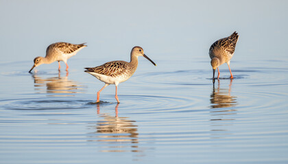 Bar-tailed godwits feeding in tidal flats at sunrise, bird migrations