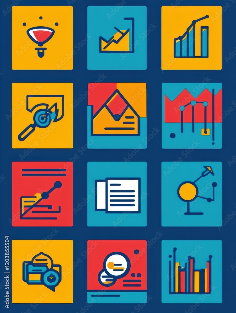 Poster colorful icons representing data analysis, business growth, and graphic design showcased in a grid l