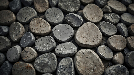 Textured arrangement of smooth stones in various shades of gray and black for natural decor
