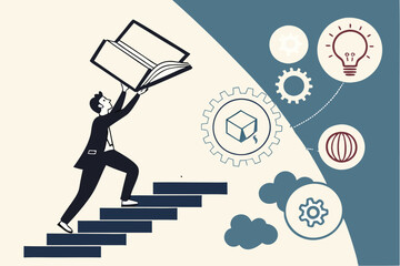 Business knowledge, open book platform, hand holding large book, businessman balancing, digital icons floating, light bulb idea, social media symbols, cloud computing, professional attire, career grow
