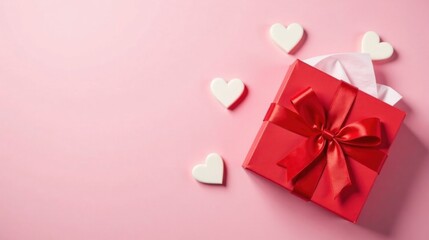 A Festive Red Gift Box with a Lush Red Ribbon and Delicate White Hearts on a Soft Pink Background