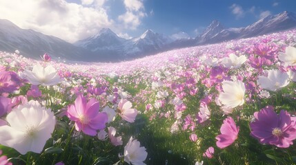 Obraz premium Serene Flower Meadow Against Majestic Snowcapped Mountains