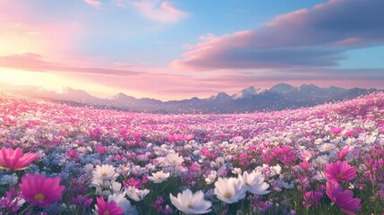 Obraz premium Pink and White Cosmos Field at Sunset Mountain View