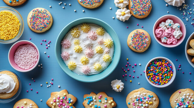 A cookie decorating station with bowls of frosting, sprinkles, and shaped sugar cookies ready for customization