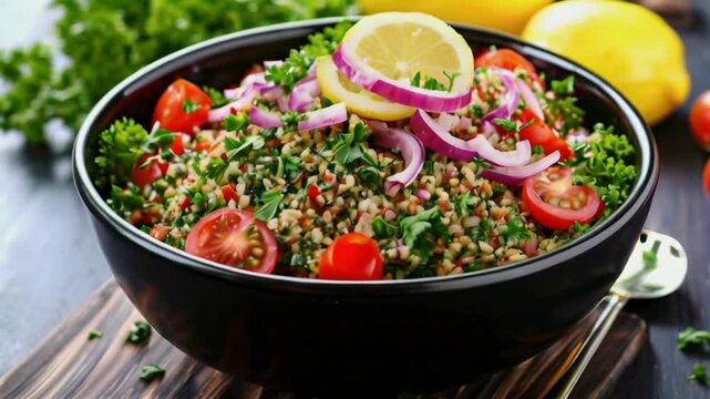 A close up of a bowl of tabbouleh salad with lemon, red onion, and cherry tomatoes