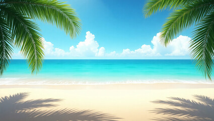 A serene tropical beach with swaying palm fronds, a turquoise ocean stretching into the distance, and a clear blue sky, creating a perfect paradise for relaxation.