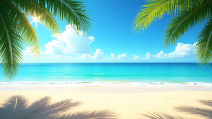 A serene tropical beach with swaying palm fronds, a turquoise ocean stretching into the distance, and a clear blue sky, creating a perfect paradise for relaxation.