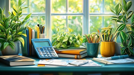 Fototapeta premium Financial Planning Workspace Home Office Desk Setup Bright Environment Close-Up Productivity Boost
