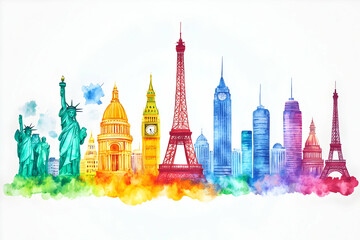 Fototapeta premium Watercolor world landmarks skyline travel poster