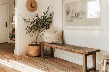 Japandi inspired entryway with wooden bench and natural accents