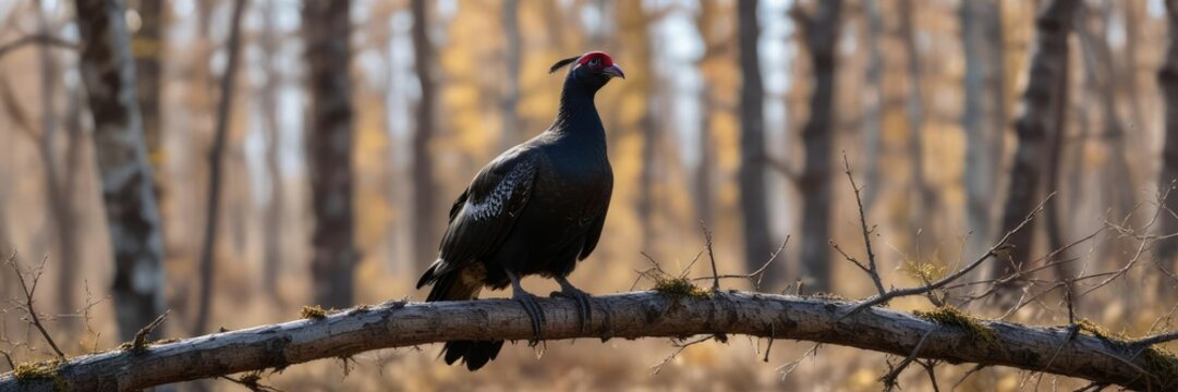 Black grouse perched on a tree branch in the Chernobyl Exclusion Zone with a blurred background, exclusion zone, tetrix