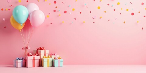 Festive Balloons and Presents on a Pink Background, Perfect for Celebrating a Special Occasion