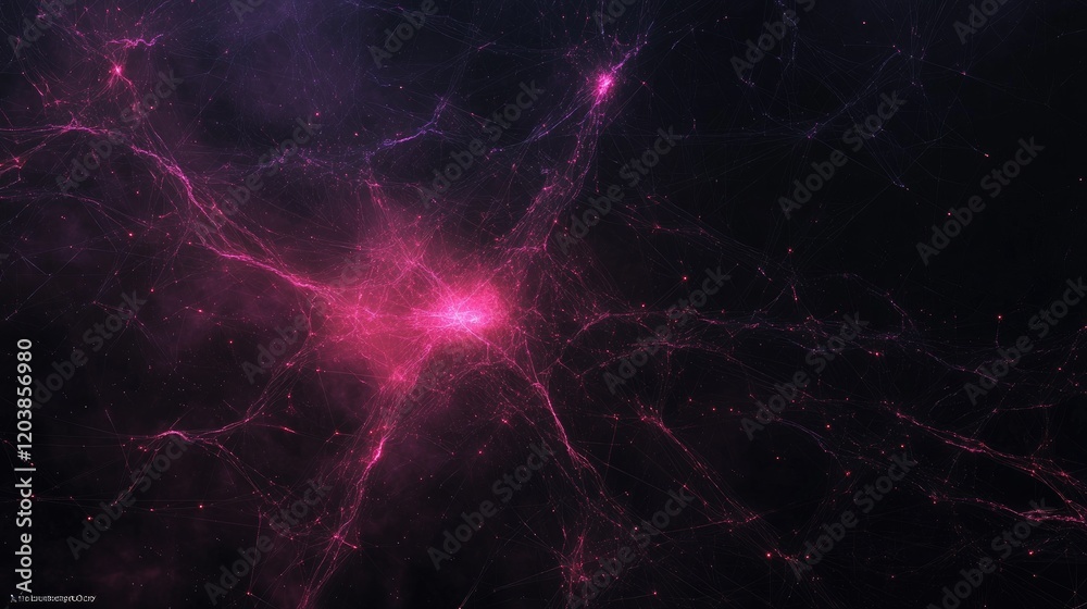 Poster an abstract representation of a digital network with interconnected glowing dots on a dark futuristi