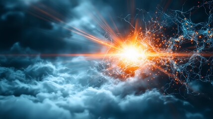 Dramatic sun rays breaking through dark clouds nature scene digital art dreamlike atmosphere wide-angle view abstract beauty