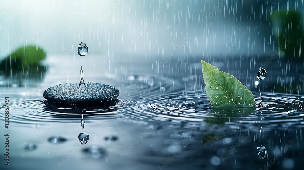 Poster raindrop ripples on calm water nature scene minimalist composition serene environment close-up persp