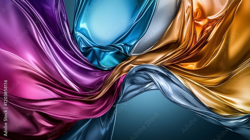 Poster Dynamic chromelike color transitions in silk fabric studio setting abstract artwork vivid vibes close-up view