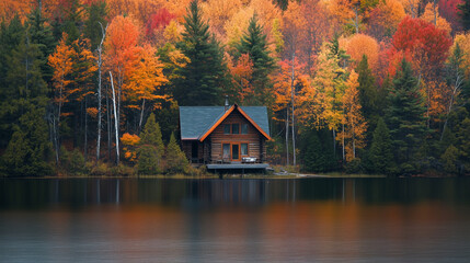 Fototapeta premium beautiful autumn forest lake panorama view tree landscape