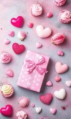 A delightful pink gift nestled among a flurry of soft pink and white hearts, perfectly capturing the essence of love and celebration on Valentine's Day.