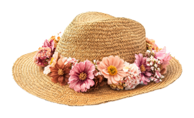 Girls� summer straw floppy hat with flowers isolated against a white background