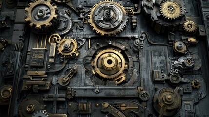 Intricate Golden Gears and Dark Metal Machinery Collage