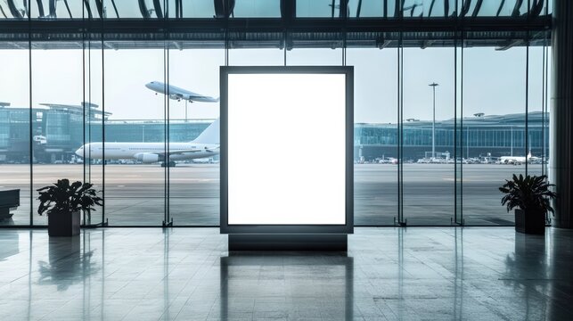 Empty Billboard Mockup at Modern Airport Terminal with Airplanes and Glass Windows