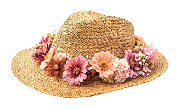 Girls� summer straw floppy hat with flowers isolated against a white background