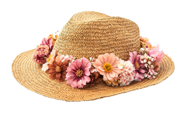 Girls� summer straw floppy hat with flowers isolated against a white background