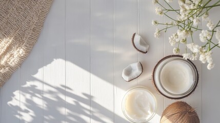 An eco-inspired spa setting with creamy coconut butter, a jar of moisturizer, and coconut shells placed neatly on a white wooden background in diffused daylight 