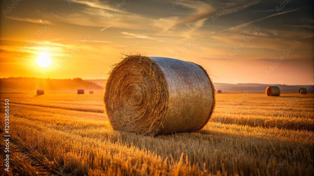 Wall mural Minimalist Hay Bale Photography: Golden Hour Rustic Field Scene