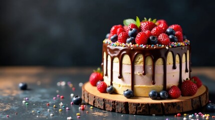 Delicious layered cake with chocolate ganache, fresh berries, and colorful sprinkles on rustic wooden board
