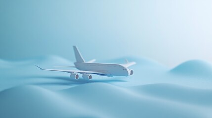 Fototapeta premium White airplane landing, blue hills, travel background