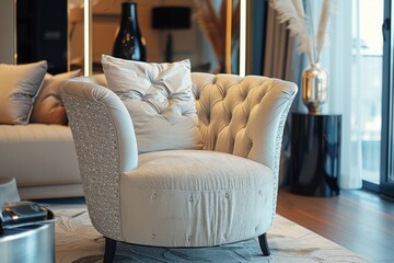 Obraz premium Luxurious armchair with fabric upholstery in elegant interior setting