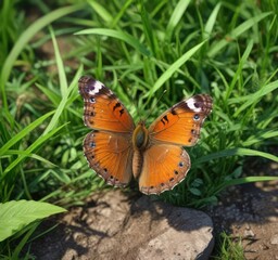 Obraz premium Brown butterfly resting on a patch of fresh green grass, insect relaxation, insect haven, outdoor escape
