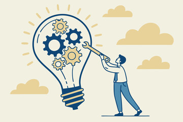 business idea, lightbulb with gear inside, businessman holding wrench, problem-solving concept, innovation, creativity, blue and yellow color scheme, minimalist illustration, flat design, cl