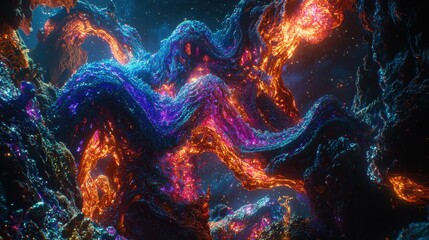 A mystical fantasy forest glowing under the light of twin suns. Radiant vines drape gracefully from towering translucent trees, while glowing pools of liquid crystal reflect the swirling constellation