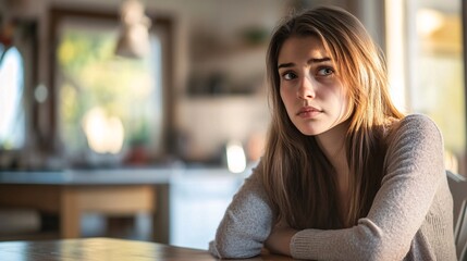 Thoughtful Young Mother at Kitchen Table Reflecting on Life