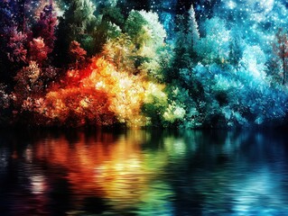 Obraz premium A mystical floating island surrounded by a swirling nebula of radiant colors. The island’s cliffs sparkle with embedded crystals, and glowing paths wind through bioluminescent gardens filled 