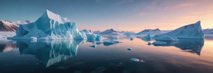 Calm and serene Arctic blue icebergs on a frozen lake, blue, serenity, calm