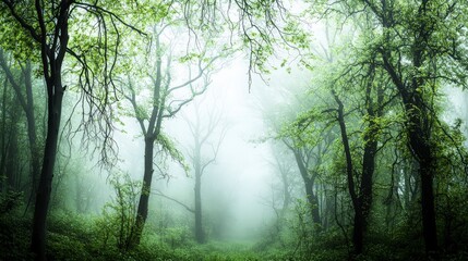 Obraz premium Mysterious forest canopy exploration enchanted woodland nature photography misty atmosphere high angle serenity concept