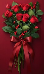 A stunning bouquet of vibrant roses adorned with red berries and tied with a delicate red ribbon, perfect for expressing love on Valentine's Day.