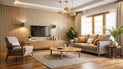 Minimalist Living Room: Beige Sofa, Armchair, Wooden Console, Soft Lighting, Modern Interior Design