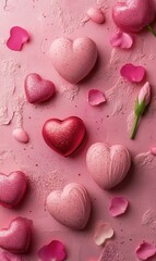 Obraz premium A whimsical arrangement of vibrant hearts and delicate flowers graces a soft pink surface, celebrating love and affection on Valentine's Day.