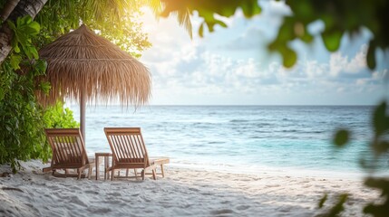 Relaxing chairs under a thatched umbrella on a beach at sunset near calm turquoise waters