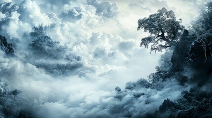 Obraz premium Ethereal mist and cloud formation over serene landscape dreamy nature art tranquil environment aerial view fantasy concept